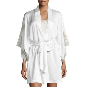 NWT New Designer Natori Short Wrap Robe Womens L Silky Satin Flowers White Lace